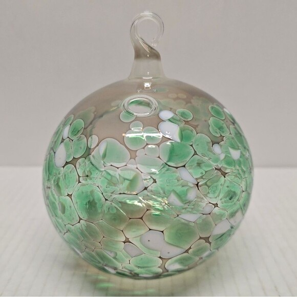 Hand-blown Fused Glass Tea Light Hanging Candle Holder Green/White - Picture 5 of 9